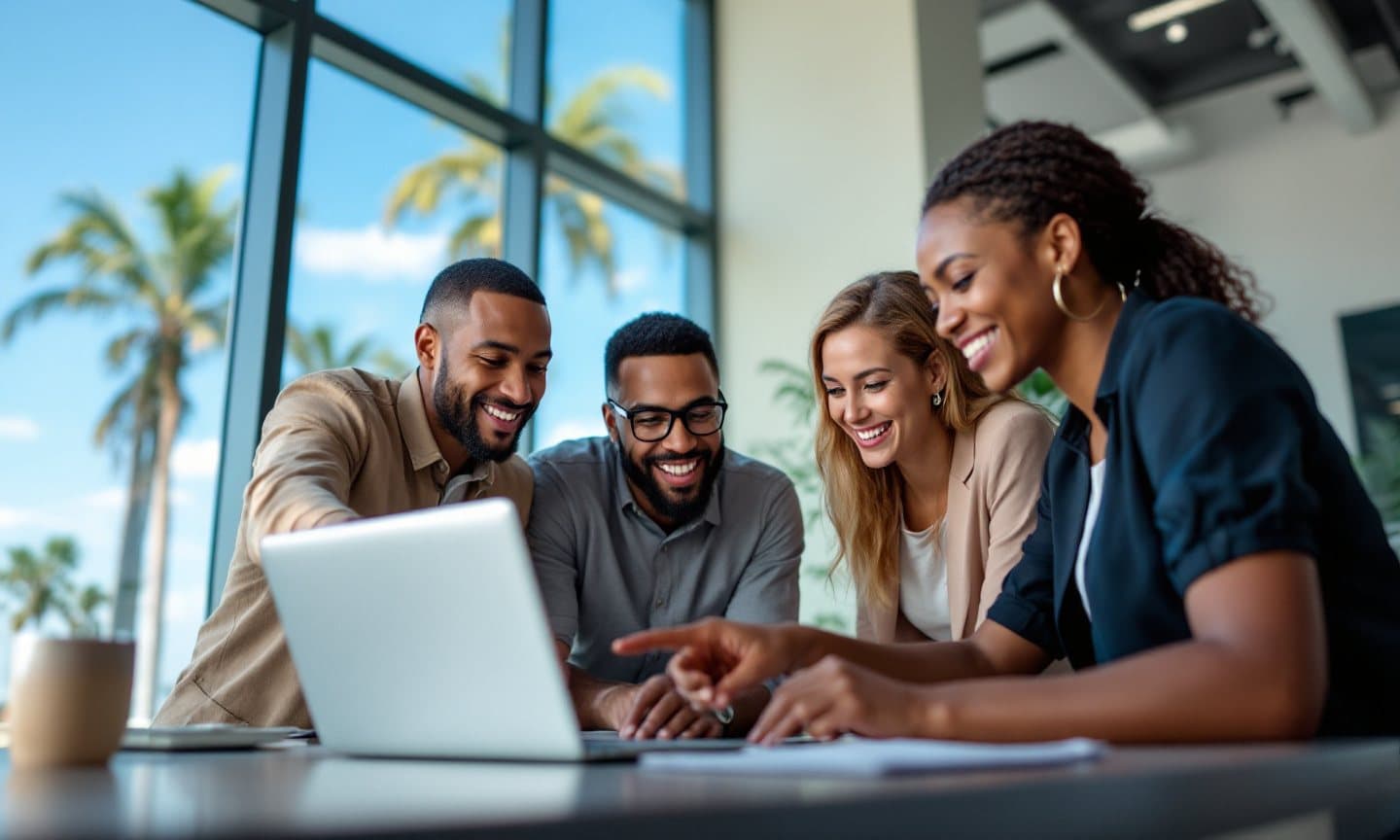 A small office team gathered around a laptop, smiling