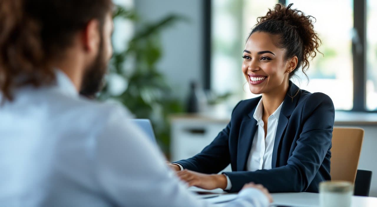 A business owner talking across a desk in a bright office