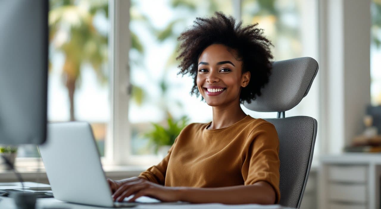 An office employee smiling while working on a laptop