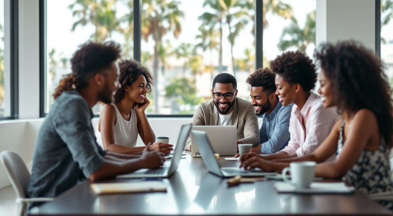 An office team working together on laptops around a conference table