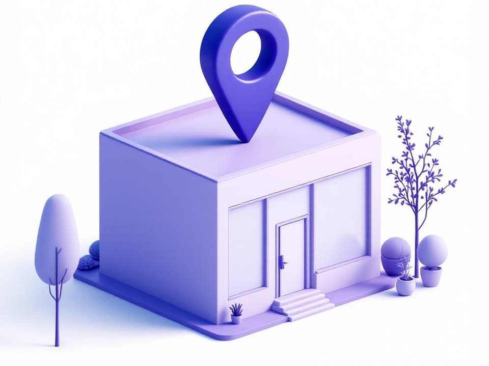 Illustration of a small office building with a location pin above it