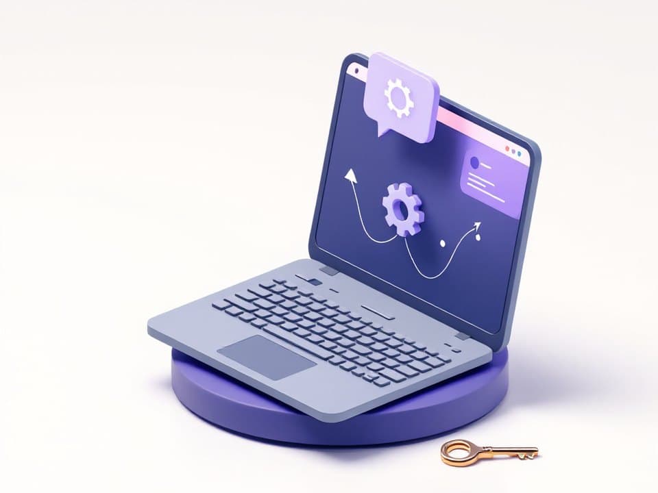 Illustration of a laptop with a gear and chat bubble, and a key beside it