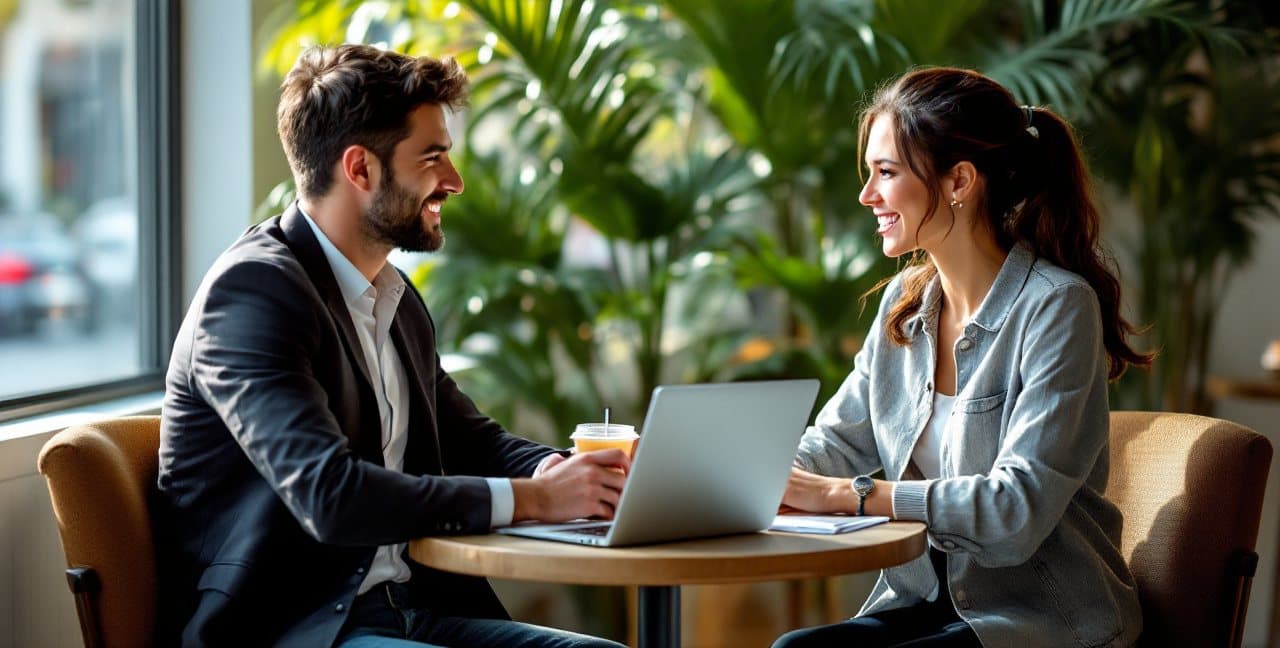 Two people talking over coffee and a laptop in a cafe