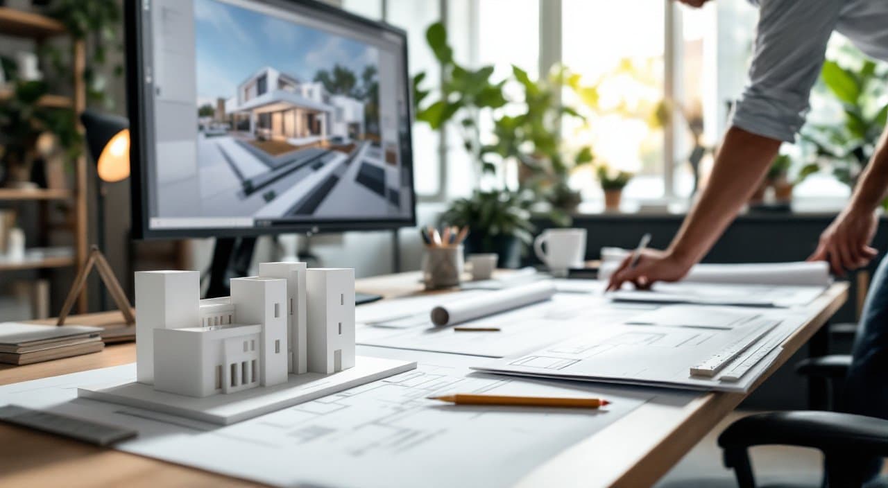 An architect's desk with a building model, drawings and a CAD screen