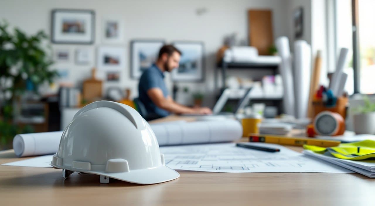 A contractor's estimating desk with a hard hat, level and plan sheets
