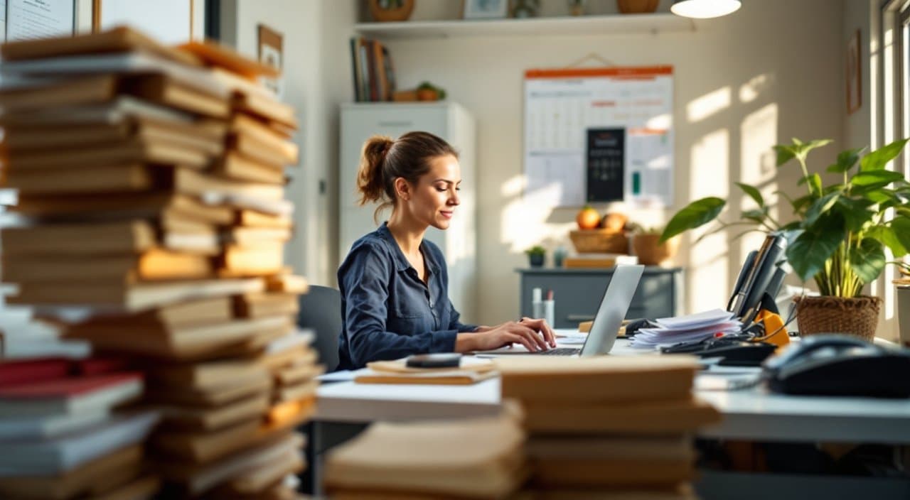 An office manager at a laptop behind stacks of folders and invoices