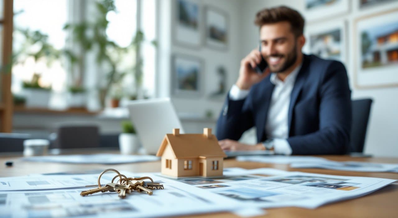 A real estate agent on the phone with house keys and listing sheets on the desk